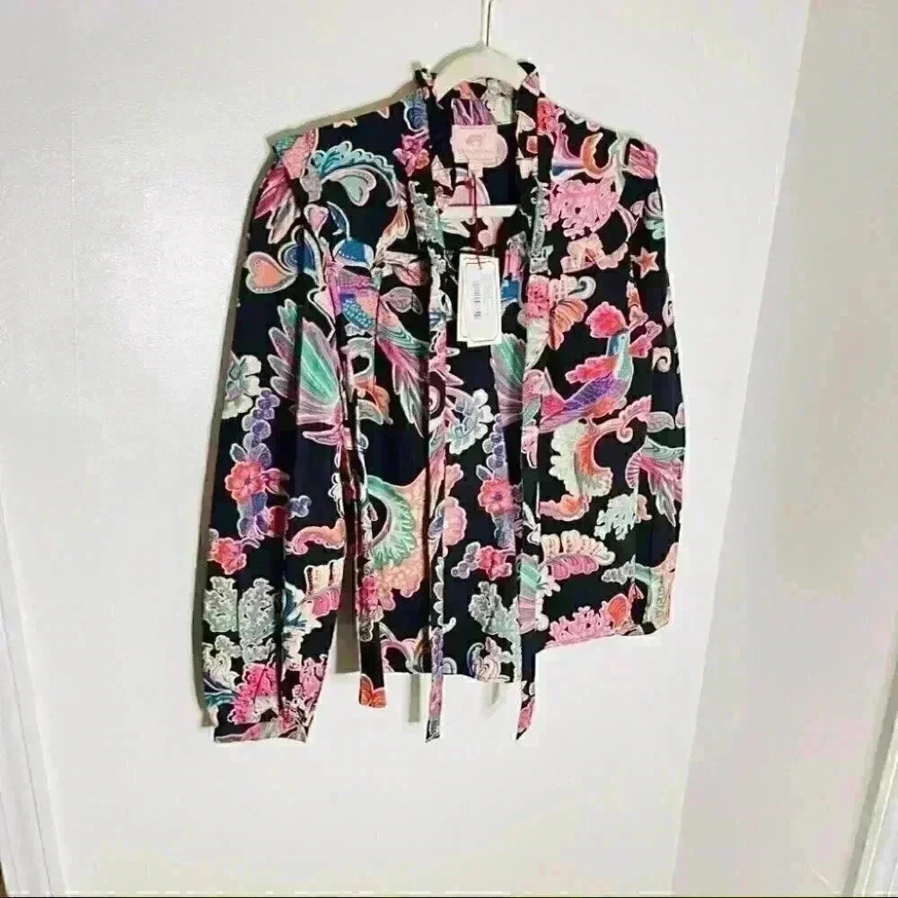 NWT Banjanan Bethany Tie Neck Ruffle Top Rococo Fantasy - Picture 3 of 8